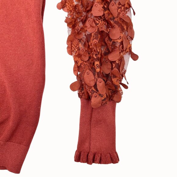 Sioni Milano XL Ruffle Neck Sweater With Sheer Lace Petal Sleeves In Rust - Picture 3 of 4